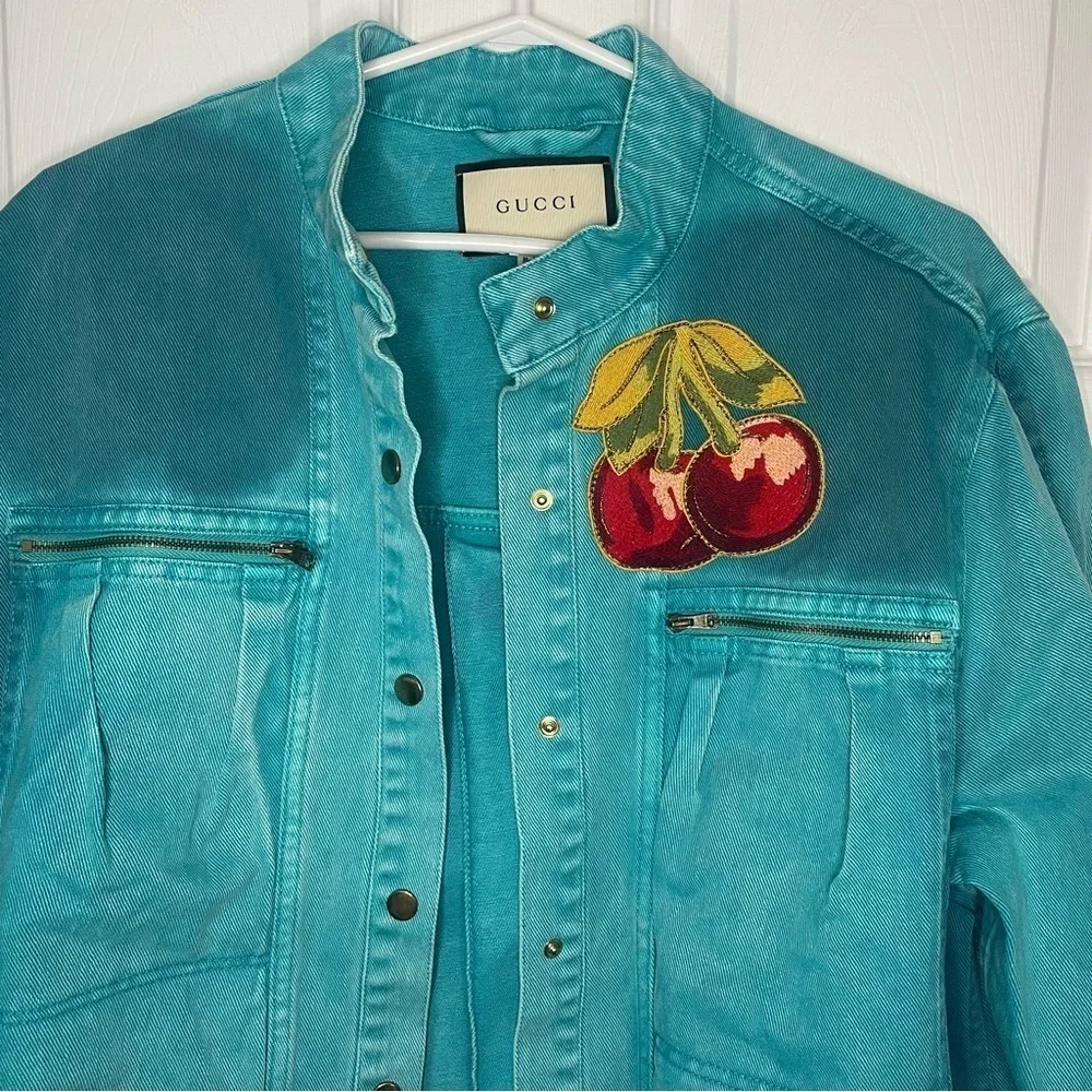 Gucci Turquoise Denim Cherry Embroidered Jacket Made in Italy Small - Picture 4 of 11